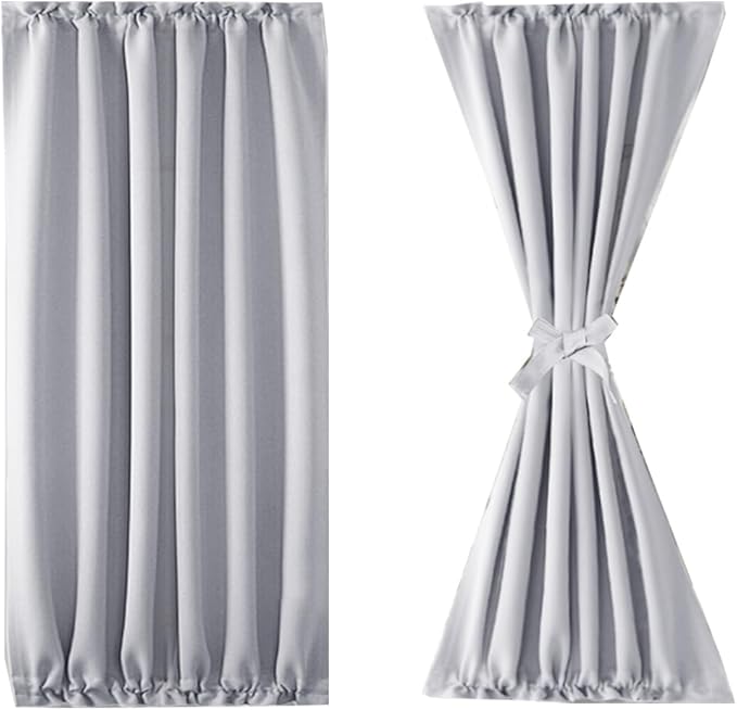 DWCN French Door Curtains – Rod Pocket Thermal Blackout Curtain for Doors with Glass Window, Kitchen and Patio Doors for Privacy, 25 X 40 Inches Long, 1 Curtain Panel with Tieback,Silver Grey