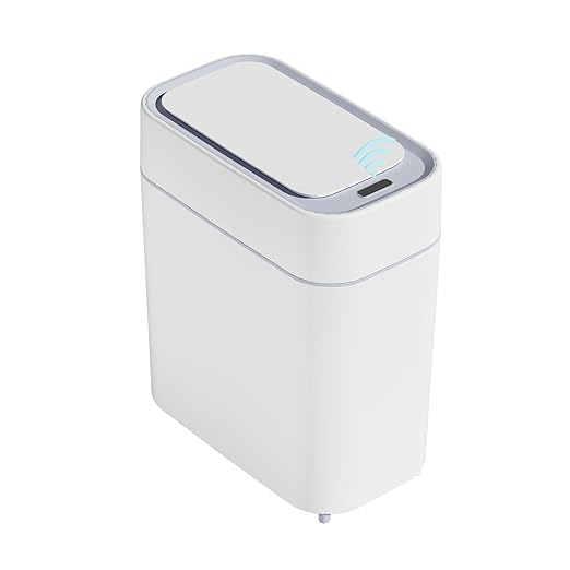 Bathroom Trash Can with Lid: 2.3 Gal Small Slim Motion Sensor Wastebasket, Bag Expansion, Wall Mounted, Automatic, Touchless, Narrow Design for Bathroom, Kitchen and Office, Waterproof