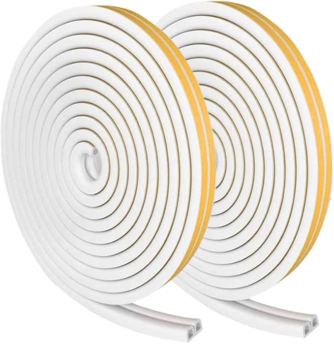 Weather Stripping Seal Strip Tape, Doors Windows Frame Self Adhesive D Type Foam Sealing Tape, 65.6Ft Rubber Soundproof Insulation Cell Foam Stripping, White