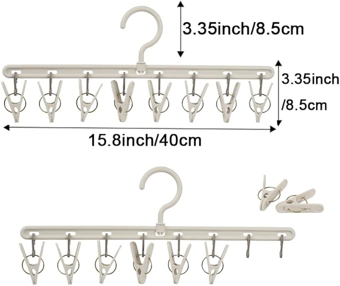 Clothes Hanger 2 Pack with 8 Clips,Clothes Drying Racks Windproof for Drying Socks Bras Underwears Baby Clothes, Hats Scarfs Towels Pants and Gloves Diaper