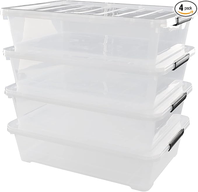 40 Quarts Under Bed Storage Boxes with Wheels, Large Plastic Shallow Tote Bins Set of 4