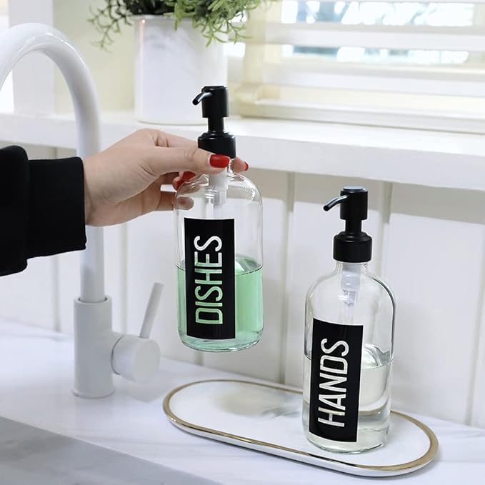 JASAI 2Pack 18OZ Glass Soap Dispenser, Black Stainless Steel Pump, Kitchen Dispenser with Classy Label, Refillable for Dishes