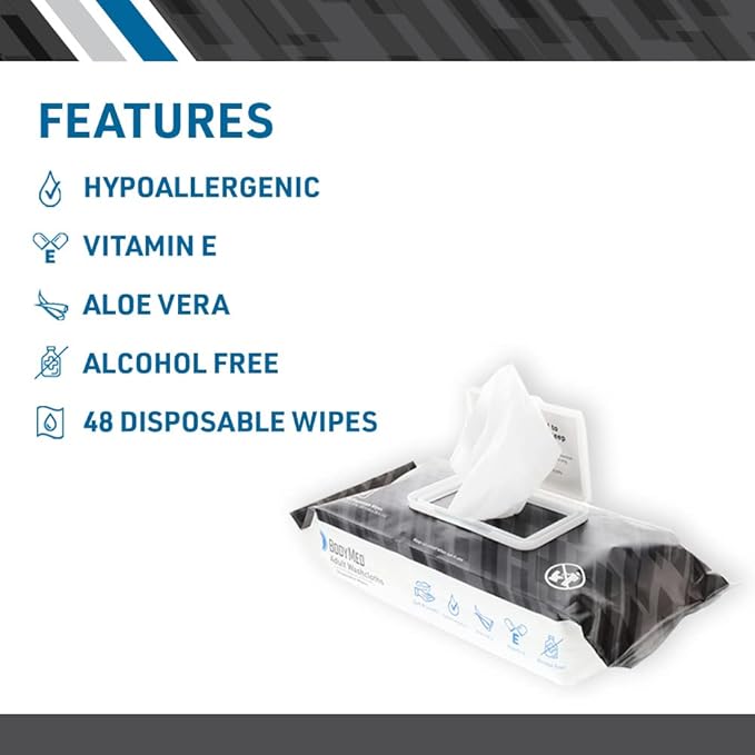 BodyMed Adult Disposable Incontinence Wipes, 48 Wipes/Pack (1-Pack) - Pre-Moistened & Hypoallergenic Washcloths Formulated with Vitamin E & Aloe Vera