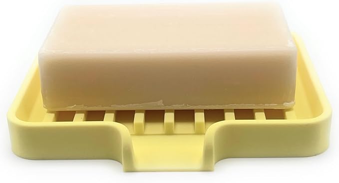 Happitasa Silicone Soap Dish Tray and Sponge Holder with Drain Chute, Pack of 2 | Bathroom and Kitchen Sink Organizer Caddy (Pale Yellow, 5.2"x4", 7.2 Ounces)