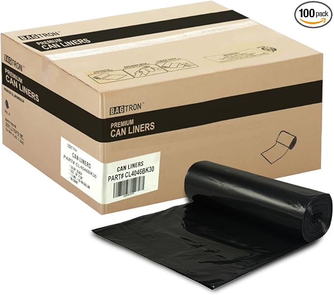 45 Gallon Trash Bags, 30 Micron Heavy Duty Pure LDPE Garbage Can Liners, 40" x 46" Large, Black, 100 Count
