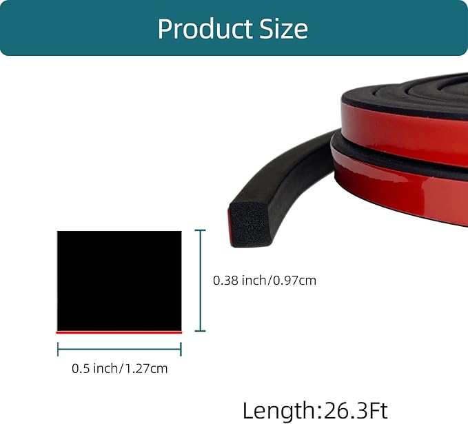 Solid Rectangle Rubber Seal with High Tack Self-Adhesive Tape, EPDM Foam Rubber Weather Stripping for Boat, Auto, RV, Marine, Garage Doors/Window Seal, Black(26Feet)