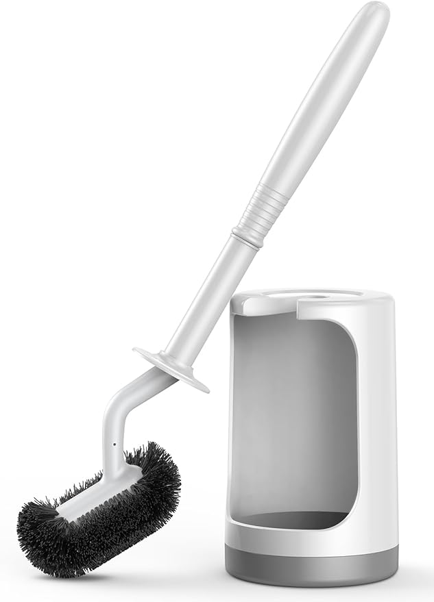 HAMITOR Toilet Bowl Brush Holder Set: Curved Design with Holder for Deep Cleaning Under Rim - Compact Hidden Scrubber for Small Space - Modern RV Bathroom Accessories - White