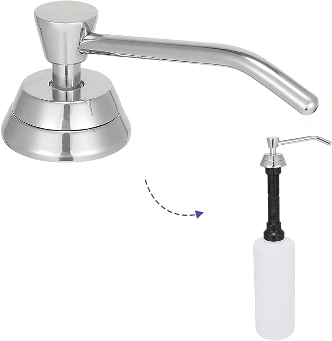 Heavy Duty Brass Countertop Liquid Soap Dispenser, Commercial Grade Top Fill Built-in Soap Dispenser with 34 oz/ 1L Bottle for Bathroom, Kitchen, Public Restroom, Chrome Finish, 4” Spout