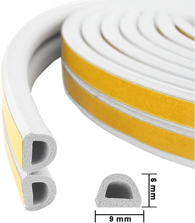 Weather Stripping Seal Strip Tape, Doors Windows Frame Self Adhesive D Type Foam Sealing Tape, 65.6Ft Rubber Soundproof Insulation Cell Foam Stripping, White