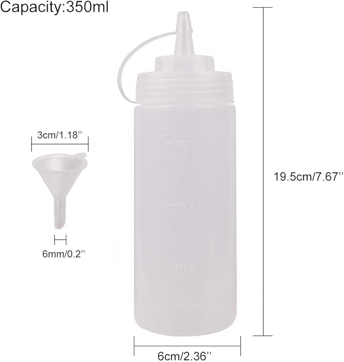 Squeeze Bottles for Sauces 2 Pack, Ketchup Bottle 12 Ounce Plastic Dressing Squirt Bottle with Cap Lids and Funnel, Condiment Bottles for Liquids BBQ Dressing Pancake Art Dispenser