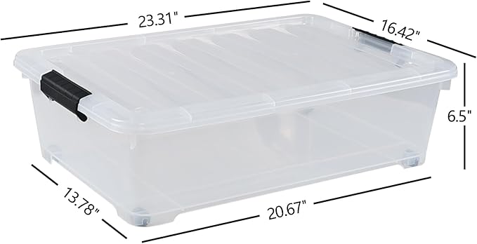 4-Pack 25 Quart Under Bed Plastic Storage Bins, Clear Under Bed Storage Box Container with Wheels