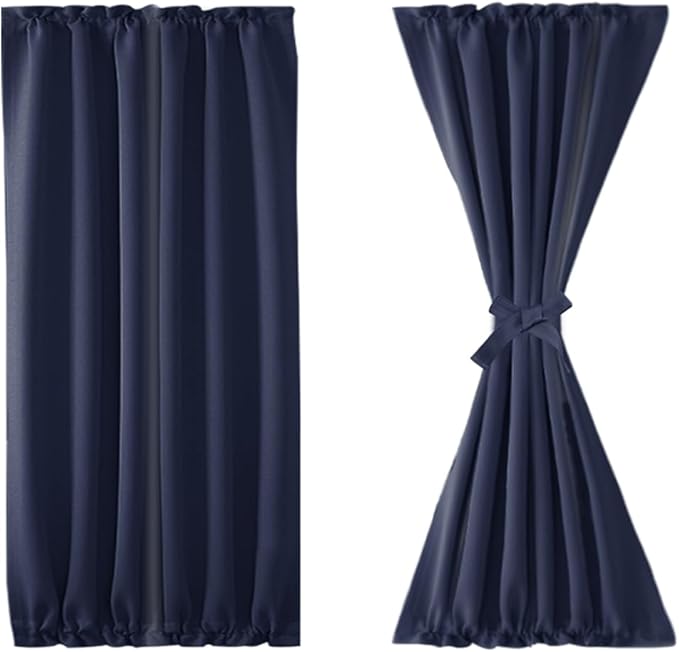 DWCN French Door Curtains – Rod Pocket Thermal Blackout Curtain for Doors with Glass Window, Kitchen and Patio Doors for Privacy, 25 X 40 Inch Length, 1 Curtain Panel with Tieback, Navy Blue