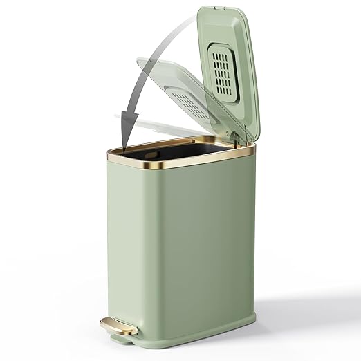 CEROELDA Small Bathroom Trash Can with Lid Soft Close-5L/1.3 Gal Slim Garbage Can-Metal Step Wastebasket-Rectangle Narrow Waste Bin for Office, Bedroom, Toilet, Live Room (Green)