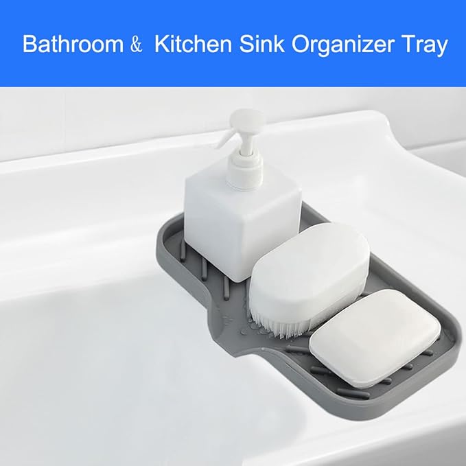 Sponge Holder for Kitchen Sink, Silicone Sponge Dish Tray with Drain Spout, Soap Dispenser Holder for Shower Bathroom (Grey, 9.8" x 4.9")