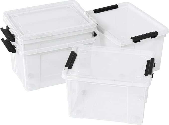 35 Quart Latching Storage Box with Wheels, See-Through Base Plastic Container Bins with Secure Latching Lid, Black Latch, (4-Pack)