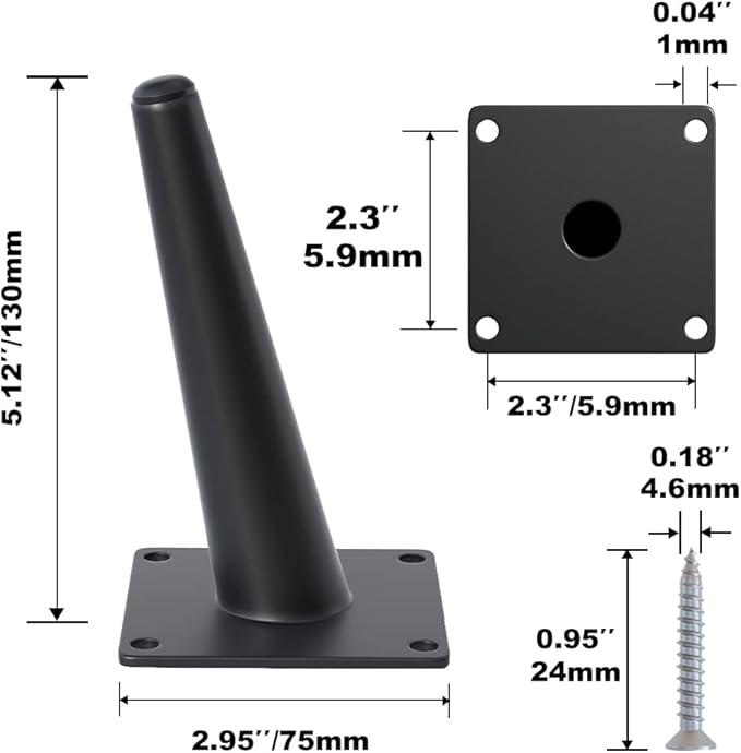 4PCS 5 Inch Matte Black Tapered Angled Legs for Furniture, Metal Mid Century Mordern Feet, Heavy Duty Slanted Stand Legs Kit for Couch, Coffee Table, Desk, Dresser, Sofa, Chair