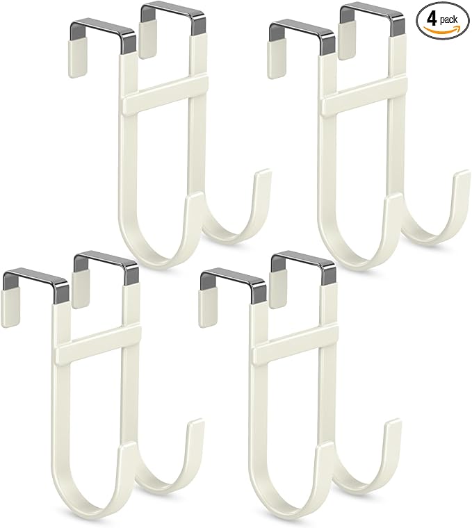FYY Over The Door Hooks - 4 Pack Heavy Duty Dual-Hook Organizer Hanger with Non-Slip Rubber for Towels, Clothes, Hats & Bags Use in Bathroom, Bedroom, Kitchen - Fits Interior Doors Up to 1 3/8" Beige