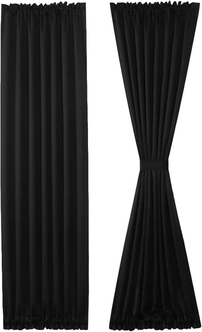 DWCN French Door Curtains – Rod Pocket Thermal Blackout Curtain for Doors with Glass Window, Kitchen and Patio Doors for Privacy, 25 X 72 Inches Long, 1 Curtain Panel with Tieback,Black