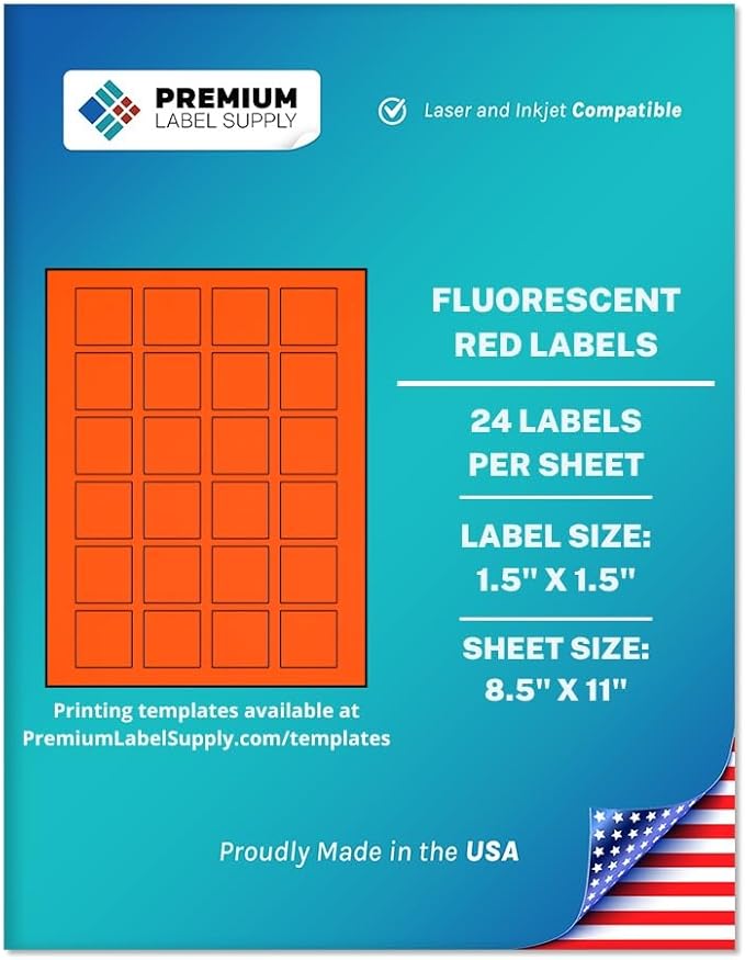 Premium Label Supply Bright Neon Color Fluorescent Sticker Labels - 1.5" x 1.5" Square Labels - (Fluorescent Red, 600 Labels)