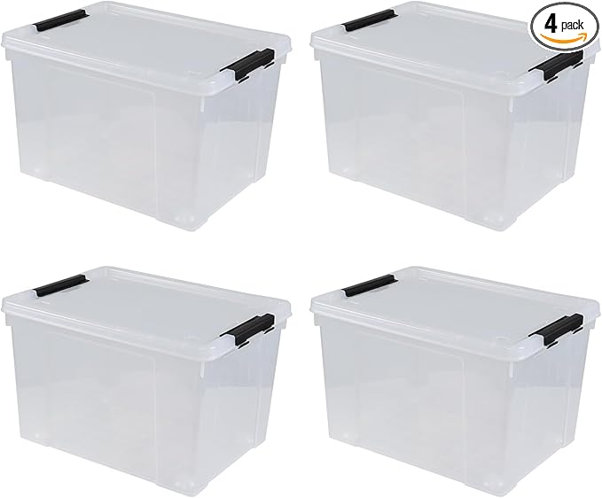 50 L Large Plastic Storage Bins with Latching Lids and Wheels, 4-Pack Clear Stackable Boxes for Closet, Garage