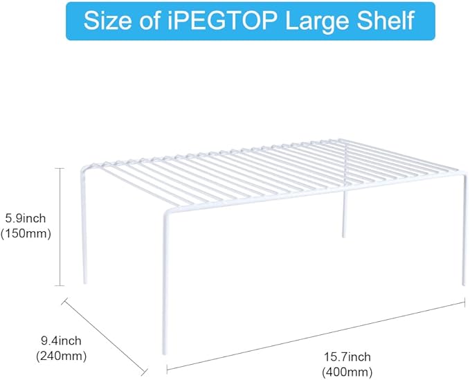 iPEGTOP Large (15.7 x 9.4 Inch) Kitchen Freezer Cabinet Storage Shelf, Set of 4 Rustproof Metal Wire Shelves Spice Shelf Rack Cupboard Organizer for Fridge Pantries Countertops Utensils, White