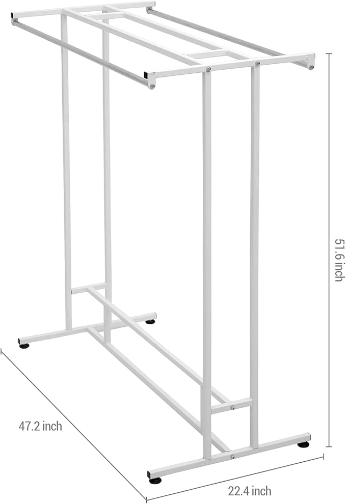 MyGift White Stainless Steel Freestanding Garment Rack, Heavy Duty Double Rod Clothes Rack Clothing Hanger Stand with Storage Display Shelf