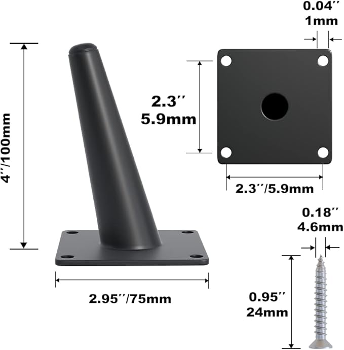 4PCS 4 Inch Matte Black Tapered Angled Legs for Furniture, Metal Mid Century Mordern Feet, Heavy Duty Slanted Stand Legs Kit for Couch, Coffee Table, Desk, Dresser, Sofa, Chair