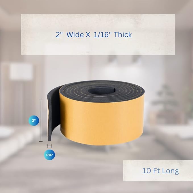 High Density Foam Weather Stripping Door Seal Strip Insulation Tape Roll for Insulating Door Frame, Window, Air Conditioner | Self Adhesive Sealing Weatherstrip (2 in x 1/16 in x 10 Ft, Black)
