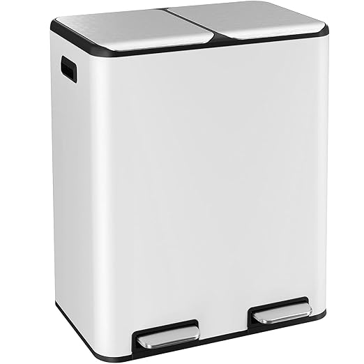 16 Gal (2 x 30 L) Dual Trash Can, Stainless Steel Kitchen Garbage Bin, Recycle Dustbin with Odor Control Box, Soft-Close Lid, Inner Buckets, Side Handle, Step Pedal, for Home Office