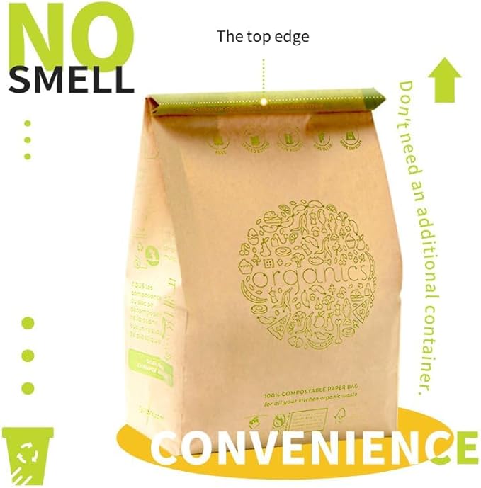 HYTREND-Kitchen Food Waste Bag-120 Bags-%100 Compostable paper Bag - Leak Resistant- Plastic Free - Small-Certified by BNQ and BPI