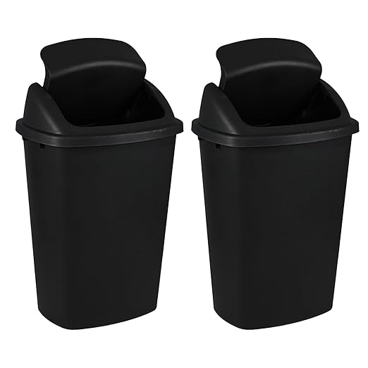 Bringer Black 13 Gallon Kitchen Trash Can with Swing Lid, Plastic Swing Top Tall Garbage Can, 4-Pack