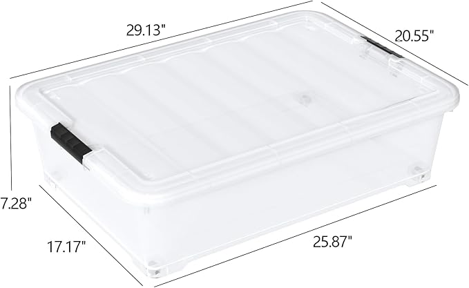 50 Quart Large Clear Plastic Under Bed Storage Bins with Wheels, 3-Pack Stackable Storage Bin with Latching Lid