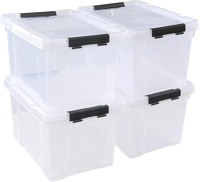 4 Pack 22 L Clear Plastic Storage Box with Wheels, Latch Storage Bin with Lid