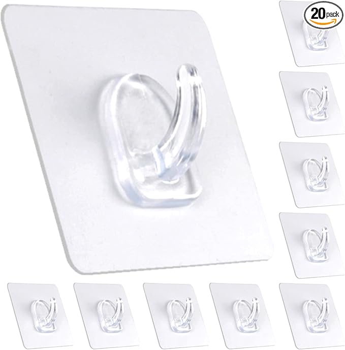 Adhesive Hooks, Heavy Duty Utility Hooks 20 lb(Max) Waterproof and Oilproof Removable, 20 Pack Seamless Hooks Reusable Wall Hook for Kitchen Bathroom Bedroom Office