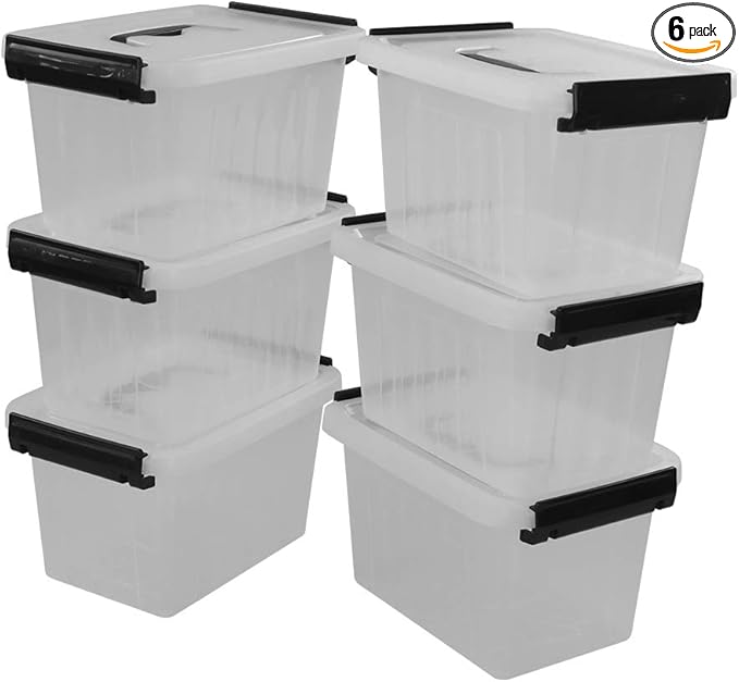 Bringer 3 Quart 6-Pack Clear Plastic Storage Boxes, Latch Box with Black Handle
