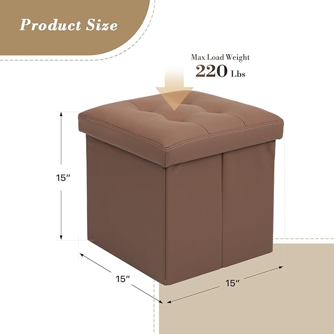 Athena Collection 15" Storage Ottoman Bench Folding Bench with 40L Hidden Storage, Small Cube Ottoman PU Leather Foot Rest Stool Chest with Flipping Lid for Living Room, Bedroom, Entryway, Brown
