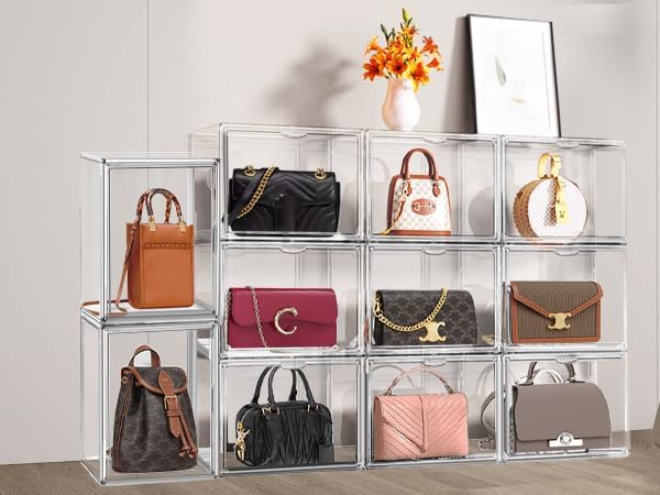 1Pack Clear Stackable Plastic Storage Bins with Magnetic Lid, X-Large Acrylic Display Cases for Book Cosmetic Figures Collectibles Showcase, Shoe Box, Bag Organizer