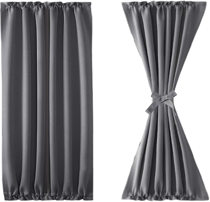 DWCN French Door Curtains – Rod Pocket Thermal Blackout Curtain for Doors with Glass Window, Kitchen and Patio Doors for Privacy, 25 X 40 Inches Long, 1 Curtain Panel with Tieback, Grey