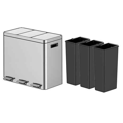 3 x 5.3 Gal (3 x 20L) Trash Can, Stainless Steel Triple Compartment Step-On Recycling Bin with Soft-Close Lids & Removable Plastic Inner Buckets for Kitchen, Home, Office