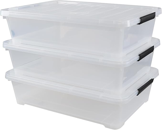 3 Packs 40 Quart Large Under Bed Storage Box, Wheeled Under Bed Storage Containers, Clear