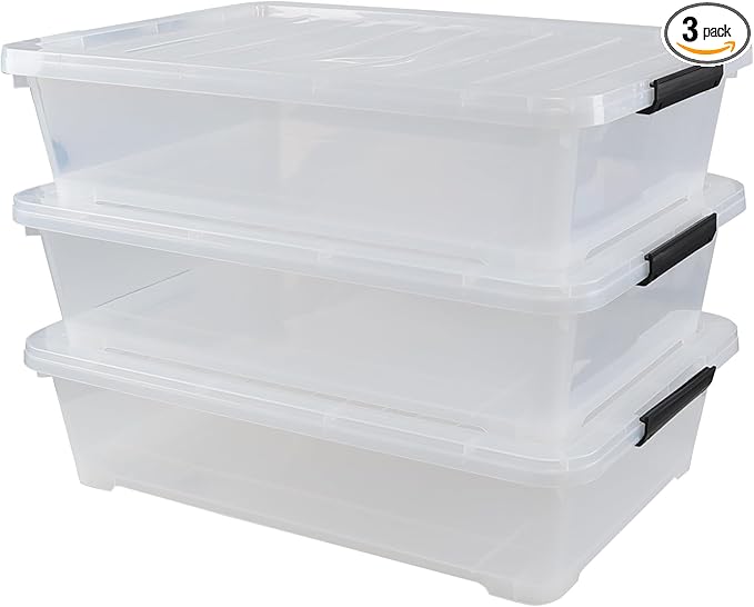 3-Pack 50 Quart Under the Bed Low Profile Storage Boxes, Large Under Bed Storage Bin with Easy Rolling Caster Wheels, Clear