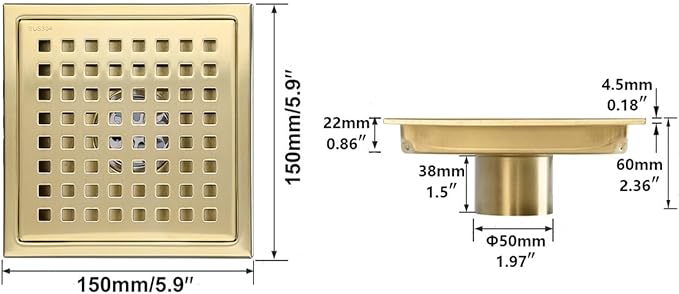 RANDOM Brushed Gold Shower Drain Square 6 Inch Shower Floor Drain with Grid Grate & Removable Hair Strainer 304 Stainless Steel Shower Drain Cover Bathroom Accessories.98738BG