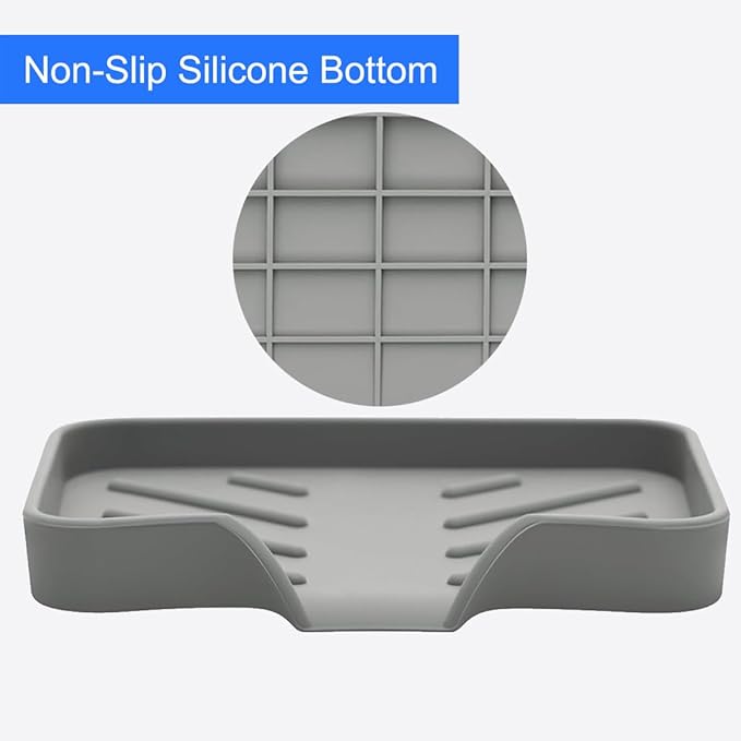 Sponge Holder with Drain Spout, Silicone Sponge Tray for Kitchen Sink, Rubber Soap Dish for Shower Bathroom (Grey, 4.7" x 3.6")