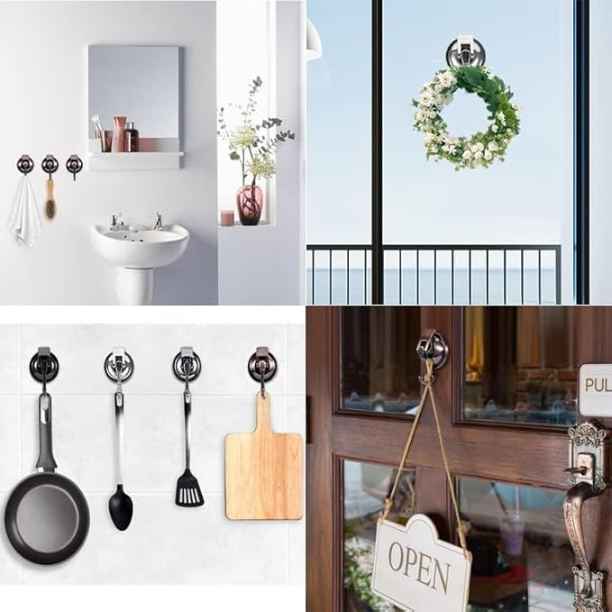Suction Cup Hooks for Shower, 4 Pack, Bathroom, Kitchen, Glass Door, Mirror, Tile – Loofah, Towel, Coat, Bath Robe Hook Holder for Hanging – Waterproof Wreath Hanger