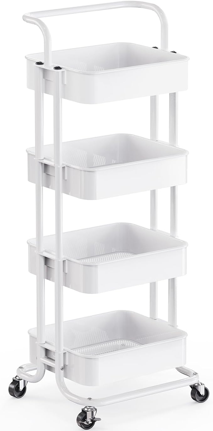Pipishell 4 Tier Mesh Utility Cart, Rolling Metal Organization Cart with Handle and Lockable Wheels, Multifunctional Storage Shelves for Kitchen Living Room Office White, PIUC12W