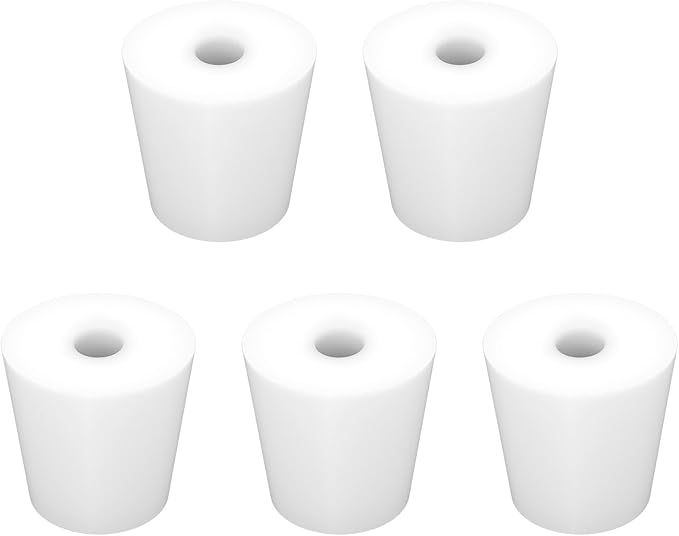 Labasics 5-Pack 5# Single-Hole Silicone Stoppers, White Tapered Lab Seal Stoppers with 0.31" Hole, Durable and Reusable Silicone Plugs for Laboratory Glassware, Airtight Sealing, and Experiments