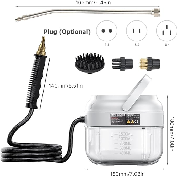 Irishom Pressurized Handheld Steam Cleaner with 3 Brushes and Extended Rod, Deep Cleaning Steamer with 6 Gear Adjustable Digital Touch Screen 1500ml Water Tank