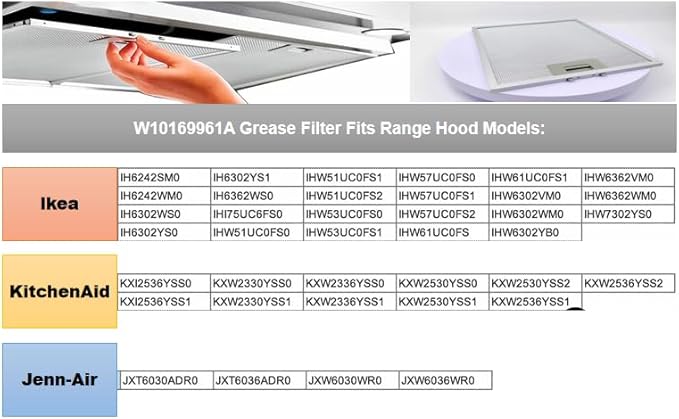 Upgraded version W10169961A (12" x 10.5"), compatible with Whirlpool range hood filters - aluminum mesh screen, suitable for kitchen ceiling exhaust fans, blocks grease, filters oven air (1piece)