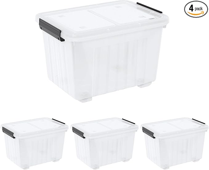 Kiddream 50 Quarts Clear Plastic Latching Boxes with Wheels, Large Storage Bins with Lids Set of 4