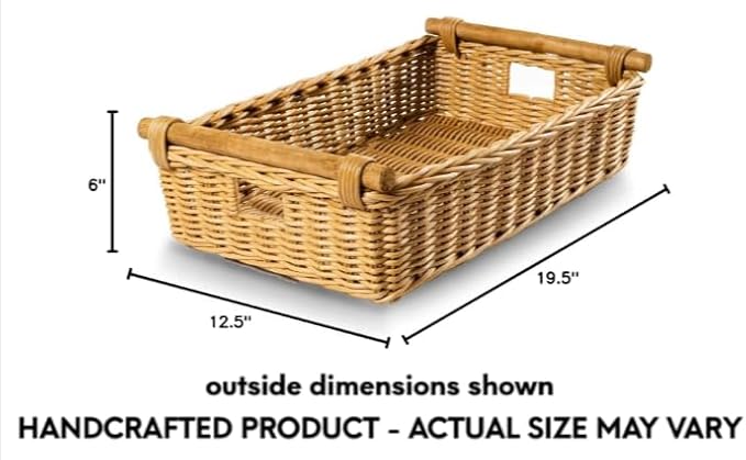 The Basket Lady Low Pole Handle Wicker Storage Basket, Large, 19.5 in L x 12.5 in W x 6 in H, Sandstone